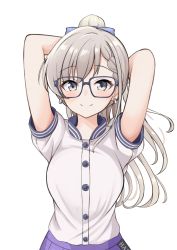 Rule 34 | 1girl, arms behind head, arms up, black-framed eyewear, blue bow, bow, braid, braided bangs, breasts, closed mouth, collared shirt, commentary request, dress shirt, earrings, glasses, grey eyes, grey hair, hair bow, high ponytail, highres, hisakawa hayate, idolmaster, idolmaster cinderella girls, idolmaster cinderella girls starlight stage, jewelry, long hair, medium breasts, mitsumine raimu, pleated skirt, ponytail, purple skirt, shirt, short sleeves, simple background, skirt, smile, solo, very long hair, white background, white shirt