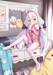 Rule 34 | 1girl, animal ears, animal slippers, azur lane, between legs, black bow, blush, bow, breasts, bunny slippers, commentary, fake animal ears, full body, hair bow, hair ornament, hairband, hand between legs, highres, indoors, irokari, laffey (azur lane), laffey (sleep to clean another day) (azur lane), long hair, long sleeves, looking at viewer, manjuu (azur lane), no shoes, off shoulder, panties, parted lips, pink shirt, polka dot, polka dot shirt, rabbit ears, rabbit hair ornament, red eyes, red hairband, shirt, simple background, single bare shoulder, sitting, slippers, small breasts, solo, striped clothes, striped panties, stuffed animal, stuffed rabbit, stuffed toy, thighhighs, twintails, underwear, unworn panties, unworn slippers, very long hair, white hair, white thighhighs