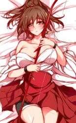 Rule 34 | 1girl, bare shoulders, bed, bow, breasts, brown hair, female focus, large breasts, long hair, long skirt, lying, minamon (vittel221), on back, ponytail, shorts, skirt, solo, yellow eyes