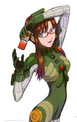 Rule 34 | 1girl, absurdres, arm up, bodysuit, breasts, brown hair, can, coffee, evangelion: 2.0 you can (not) advance, glasses, highres, interface headset, long hair, looking at viewer, makinami mari illustrious, matsubara hidenori, medium breasts, neon genesis evangelion, official art, open mouth, page number, pilot suit, plugsuit, product placement, rebuild of evangelion, scan, simple background, skin tight, smile, solo, turtleneck, ucc coffee, white background