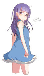 Rule 34 | 1girl, bare arms, bare shoulders, blue dress, blush, cowboy shot, dated, dress, from behind, looking at viewer, looking back, maze (gochama ze gohan), original, parted lips, purple eyes, purple hair, signature, simple background, sketch, solo, white background