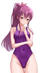 Rule 34 | 1girl, absurdres, breasts, brown eyes, commentary request, competition swimsuit, covered navel, cowboy shot, dracu-riot!, highres, inamura rio, long hair, looking at viewer, medium breasts, ncontrail (mgax7527), one-piece swimsuit, ponytail, purple hair, purple one-piece swimsuit, simple background, solo, standing, swimsuit, thigh gap, wet, wet clothes, wet swimsuit, white background