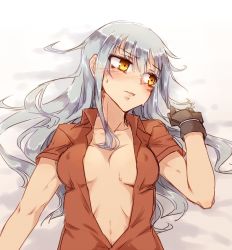 Rule 34 | 10s, 1girl, black gloves, blush, breasts, covered erect nipples, embarrassed, facial scar, gangut (kancolle), gloves, grey hair, highres, kantai collection, large breasts, long hair, lying, md5 mismatch, on back, open mouth, orange eyes, orange hair, red skirt, scar, scar on cheek, scar on face, skirt, solo, upper body