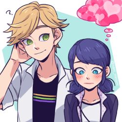 Rule 34 | 1boy, 1girl, ?, adrien agreste, arm behind head, black hair, blonde hair, blue eyes, blush, bright pupils, casual, dramatica, green eyes, heart, looking down, marinette dupain-cheng, miraculous ladybug, popped collar, short twintails, simple background, thought bubble, twintails, white background
