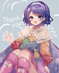 Rule 34 | 1girl, :d, blue background, blue eyes, blue hair, blush, boots, capelet, commentary request, dress, feet out of frame, hairband, hand up, highres, looking at viewer, moshihimechan, multicolored clothes, multicolored dress, open mouth, outline, short hair, simple background, sitting, smile, solo, tenkyuu chimata, touhou, white capelet, white outline