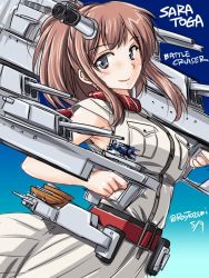 Rule 34 | 10s, 1girl, alternate weapon, artist name, belt, blue eyes, breast pocket, breasts, brown hair, cannon, character name, dated, gradient background, hair between eyes, kantai collection, large breasts, long hair, machinery, neckerchief, pocket, ponytail, red neckerchief, saratoga (kancolle), side ponytail, solo, tatsumi ray, turret, upper body, weapon
