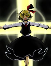 Rule 34 | 1girl, blonde hair, embodiment of scarlet devil, female focus, hair ribbon, kuzumiya yuyu, open mouth, outstretched arms, red eyes, ribbon, rumia, short hair, solo, spread arms, touhou