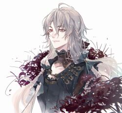 Rule 34 | 1boy, ahoge, ankou (shuuen no virche), artist name, black shirt, braid, closed mouth, facing to the side, flower, grey background, grey hair, highres, long hair, looking ahead, male focus, red eyes, red flower, rendong06, shirt, shuuen no virche, smile, solo, spider lily