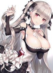 Rule 34 | 1girl, armpits, azur lane, bare shoulders, between breasts, black dress, black nails, blush, breasts, cleavage, dress, earrings, formidable (azur lane), frilled dress, frills, grey hair, hair ornament, hair ribbon, highres, holding, holding own hair, jewelry, large breasts, long hair, long sleeves, looking at viewer, mugi (iccomae), nail polish, red eyes, ribbon, simple background, solo, twintails, white background