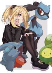Rule 34 | 1girl, absurdres, aged down, black footwear, blonde hair, budew, closed mouth, commentary request, creatures (company), cynthia (pokemon), eyelashes, game freak, gen 4 pokemon, gible, hair ornament, head rest, head tilt, highres, jacket, long sleeves, lulutaeri, nintendo, pantyhose, pokemon, pokemon (creature), pokemon dppt, ponytail, riolu, shoes, sitting, smile