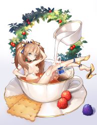 Rule 34 | 1girl, blue eyes, blue ribbon, blueberry, blush, breasts, brown hair, collar, collarbone, cracker, cup, food, fruit, hair ribbon, high heels, highres, holding, holding spoon, knees up, long hair, looking at viewer, medium breasts, milk, mini person, minigirl, nude, original, parted lips, pouring, raspberry, ribbon, shoes, simple background, sitting, solo, spoon, striped ribbon, tea, teabag, teacup, twintails, white background, wonnie, wreath, yellow footwear, yellow ribbon
