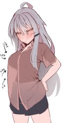 Rule 34 | 1girl, arrow (symbol), black skirt, blush, breasts, closed mouth, collared shirt, gangut (kancolle), grey hair, hair between eyes, hand on own hip, highres, kantai collection, large breasts, long hair, looking at viewer, orange hair, pleated skirt, red shirt, scar, scar on face, see-through, shiawase hougan, shirt, shirt overhang, simple background, skirt, solo, translation request, very long hair, white background