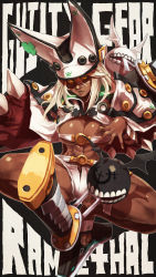 Rule 34 | 1girl, abs, absurdres, belt bra, breasts, character name, cleavage, clover, commentary, copyright name, creature, dark-skinned female, dark skin, english commentary, expressionless, eyelashes, four-leaf clover, guilty gear, guilty gear xrd, hair between eyes, highres, huge weapon, lips, long hair, medium breasts, monori rogue, mouth hold, nose, orange eyes, platinum blonde hair, ramlethal valentine, riding, shaded face, shiny skin, short shorts, shorts, solo focus, spread legs, sword, sword behind back, thick thighs, thighs, toes, underboob, weapon