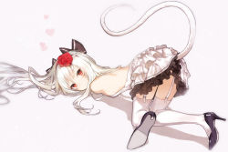 Rule 34 | 1girl, all fours, amputee, armless amputee, backless outfit, black bow, black footwear, blush, bow, closed mouth, double amputee, facial tattoo, flower, garter straps, hair bow, hair flower, hair ornament, heart, high heels, hitoshi, long hair, looking at viewer, no arms, original, petticoat, red eyes, red flower, red rose, rose, shoes, sidelocks, skirt, smile, snake tail, solo, tail, tattoo, thighhighs, top-down bottom-up, white hair, white skirt, white thighhighs
