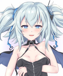 Rule 34 | 1girl, :d, bare shoulders, black capelet, black leotard, blue eyes, blush, breasts, capelet, cleavage, commentary request, girls&#039; frontline, hair ornament, headgear, heart, heart-shaped pupils, heckler kai, highres, leotard, leotard pull, looking at viewer, medium hair, open mouth, pa-15 (girls&#039; frontline), silver hair, small breasts, smile, solo, symbol-shaped pupils, twintails, two side up, upper body