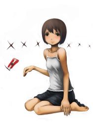 Rule 34 | 1girl, barefoot, black eyes, blush, boxcutter, brown hair, camisole, flat chest, kneeling, looking at viewer, shirakaba, short hair, sitting, skirt, solo, toes, white background