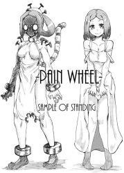 Rule 34 | alternate hairstyle, ankle cuffs, bracelet, breasts, carol (skullgirls), clothes lift, cuffs, dress, dress lift, dual persona, hair up, jewelry, medium breasts, medium hair, monochrome, mr.way, painwheel (skullgirls), shackles, skullgirls, smile, standing, torn clothes, torn dress, white background