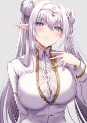 Rule 34 | 1girl, blue eyes, blush, breasts, britomart (fate), double bun, fate/grand order, fate (series), fingernails, formal, grey background, grey hair, hair bun, highres, ichi kq, large breasts, long hair, pointy ears, suit, sweat, twintails, white suit