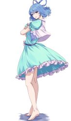 Rule 34 | 1girl, aqua dress, barefoot, blue dress, blue eyes, blue hair, dress, frilled dress, frilled sleeves, frills, full body, highres, kaku seiga, looking at viewer, mirufui, simple background, smile, solo, touhou, white background