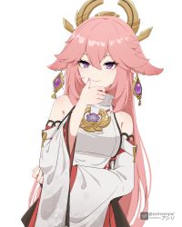 Rule 34 | 1girl, absurdres, animal ears, asiri senpai, commentary, detached sleeves, earrings, fox ears, fox girl, genshin impact, hair between eyes, hair ornament, hand on own chin, highres, japanese clothes, jewelry, long hair, long sleeves, looking at viewer, nontraditional miko, pink hair, purple eyes, sidelocks, simple background, solo, vision (genshin impact), white background, wide sleeves, yae miko