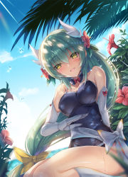 Rule 34 | 1girl, :d, blue one-piece swimsuit, blush, breasts, cleavage, commentary request, elbow gloves, fate/grand order, fate (series), flower, gloves, green hair, highres, horns, inoue takuya (tactactak), kiyohime (fate), kiyohime (fate/grand order), kiyohime (swimsuit lancer) (fate), kiyohime (swimsuit lancer) (second ascension) (fate), long hair, looking at viewer, looking down, low-tied long hair, medium breasts, one-piece swimsuit, open mouth, palm tree, ribbon, sitting, smile, solo, swimsuit, tree, white gloves, yellow eyes, yellow ribbon