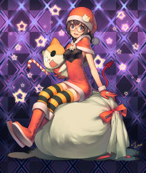 Rule 34 | 1girl, argyle, argyle background, argyle clothes, boots, bow, breasts, candy, candy cane, checkered background, christmas, covered erect nipples, demon tail, food, glasses, gloves, hat, holding, holding candy, holding candy cane, holding food, looking at viewer, lvans, nanasaki aki, original, red bow, sack, santa boots, santa costume, santa hat, sitting, small breasts, solo, star (symbol), striped clothes, striped thighhighs, stuffed animal, stuffed cat, stuffed toy, tail, thighhighs