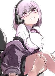 Rule 34 | 1girl, barefoot, bow, bowtie, breasts, chair, collared shirt, commentary, crossed legs, dress shirt, feet, foot out of frame, glasses, gridman universe, grin, headphones, highres, jacket, large breasts, nyoijizai, open clothes, open jacket, pink bow, pink bowtie, pink eyes, pink hair, school uniform, shinjou akane, shirt, short hair, sitting, smile, soles, solo, ssss.gridman, toes, white shirt