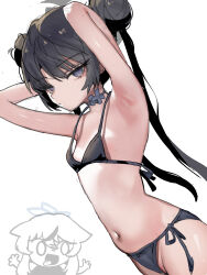 Rule 34 | 2girls, absurdres, armpits, bare arms, bare legs, bare shoulders, bikini, black bikini, black hair, blue archive, closed mouth, cowboy shot, double bun, flat chest, grey eyes, grey halo, groin, hair bun, halo, highres, k8on, kisaki (blue archive), kokona (blue archive), long hair, looking at viewer, multiple girls, navel, simple background, swimsuit, twintails, white background
