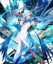 1girl boots breasts china_dress chinese_clothes commentary_request company_name dragon_girl dragon_horns dragon_tail dragon_wings dress grin hair_intakes highres horns lantern large_breasts long_hair looking_at_viewer magic official_art shadowverse short_dress shula_dou si_long_(shadowverse) smile solo tail thigh_boots very_long_hair white_boots white_dress white_hair wings yellow_eyes