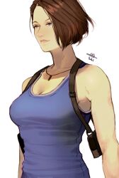 Rule 34 | 1girl, bare shoulders, blue tank top, bob cut, breasts, brown eyes, brown hair, cleavage, ericson blum, highres, jewelry, jill valentine, large breasts, necklace, parted bangs, resident evil, shirt, short hair, signature, sleeveless, sleeveless shirt, solo, tank top, toned, upper body, white background