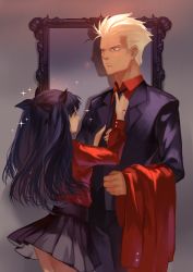 Rule 34 | 1boy, 1girl, adjusting clothes, adjusting necktie, archer (fate), black hair, blush, fate/stay night, fate (series), formal, hair ribbon, height difference, joseph lee, pleated skirt, ribbon, skirt, sparkle, suit, tohsaka rin, two side up, white hair