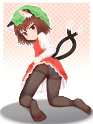 Rule 34 | 1girl, :3, animal ear fluff, animal ears, ass, blush, border, bow, bowtie, breasts, brown eyes, brown hair, cat ears, cat tail, chen, closed mouth, clothes lift, commentary request, dress, earrings, full body, green hat, hat, hidanomura, highres, jewelry, kneeling, lifted by self, long sleeves, looking at viewer, looking back, mob cap, multiple tails, nekomata, no shoes, outline, outside border, panties, panties under pantyhose, pantyhose, petticoat, red dress, shadow, short hair, single earring, skirt, skirt lift, small breasts, soles, solo, tagme, tail, thighband pantyhose, toes, touhou, two tails, underwear, white border, white bow, white bowtie, white outline