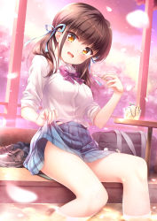 Rule 34 | 1girl, :d, ashiyu, bag, bare legs, black legwear, blue ribbon, blue skirt, blue sky, blurry, blush, bow, bowtie, breasts, brown footwear, brown hair, buttons, charm (object), cherry blossoms, clothes lift, cloud, cloudy sky, collared shirt, commentary request, day, depth of field, dress shirt, fang, hair ribbon, hand up, head tilt, highres, holding, holding spoon, lifting own clothes, loafers, long hair, looking at viewer, medium breasts, miniskirt, moe2019, open mouth, orange eyes, original, petals, pleated skirt, purple bow, purple bowtie, ribbon, school bag, school uniform, shirt, shirt tucked in, shoes, short sleeves, sitting, skirt, skirt lift, sky, smile, soaking feet, solo, spoon, striped bow, striped bowtie, striped clothes, striped legwear, striped neckwear, teaspoon, thighs, tree, twintails, unworn legwear, unworn shoes, water, white shirt, yuurei yashiki