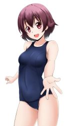 Rule 34 | 1girl, blue one-piece swimsuit, brown hair, cowboy shot, fuuma nagi, gradient hair, hair between eyes, kantai collection, looking at viewer, multicolored hair, mutsuki (kancolle), one-piece swimsuit, open mouth, red hair, school swimsuit, short hair, simple background, solo, standing, swimsuit, white background
