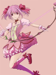 Rule 34 | 1girl, bow, bow (weapon), bubble skirt, choker, commentary request, frilled skirt, frills, gloves, hair bow, kaname madoka, kneehighs, leg up, looking at viewer, magical girl, mahou shoujo madoka magica, mahou shoujo madoka magica (anime), pink background, pink eyes, pink hair, red bow, red choker, red footwear, ribbon, short hair, short twintails, simple background, skirt, smile, socks, solo, staff, tanbonota, twintails, weapon, white gloves, white socks