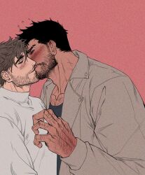 Rule 34 | 2boys, bara, beard stubble, blush, chest hair peek, closed eyes, couple, dark-skinned male, dark skin, dobek k, facial hair, flying sweatdrops, from side, hairy, hand hair, hand up, highres, interracial, kiss, knuckle hair, large hands, male focus, mature male, multiple boys, muscular, muscular male, mustache stubble, original, pink background, profile, short hair, shy, stubble, thick eyebrows, upper body, yaoi