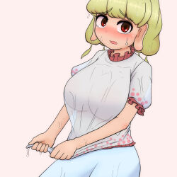 Rule 34 | 1girl, blonde hair, blue skirt, blush, breasts, commentary request, cowboy shot, dutch angle, ebisu eika, frilled shirt collar, frilled sleeves, frills, kigan&#039;eiji, large breasts, long earlobes, looking at viewer, open mouth, puffy short sleeves, puffy sleeves, red eyes, shirt, short hair, short sleeves, simple background, skirt, solo, squeezing, tearing up, touhou, wet, wet clothes, wet hair, white shirt