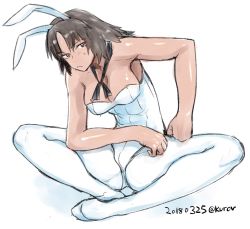 Rule 34 | 1girl, abaratani kurou, adapted costume, animal ears, black eyes, black hair, black neckerchief, breasts, cleavage, closed mouth, commentary request, dated, elbow rest, fake animal ears, flats, frown, full body, girls und panzer, hand on own leg, highres, indian style, leaning forward, leotard, long hair, looking at viewer, medium breasts, murakami (girls und panzer), neckerchief, one-hour drawing challenge, pantyhose, partial commentary, playboy bunny, rabbit ears, simple background, sitting, solo, spread legs, strapless, strapless leotard, sweatdrop, twitter username, white background, white footwear, white leotard, white pantyhose