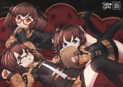 Rule 34 | 3girls, ags-30 (girls&#039; frontline), ahoge, black legwear, blue eyes, blush, brown hair, camouflage, commentary, couch, dated, drum magazine, english text, girls&#039; frontline, glasses, hair ornament, highres, looking at viewer, lying, magazine (weapon), military, military operator, military uniform, multiple girls, no shoes, on stomach, open mouth, optical camouflage, persocon93, red eyes, sheath, sheathed, side ponytail, the pose, thighhighs, twintails, uniform, weapon