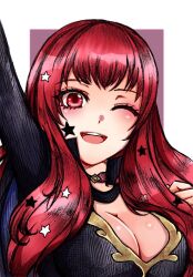 Rule 34 | 1girl, arm up, blush, breasts, choker, cleavage, facial mark, fire emblem, fire emblem engage, hair ornament, large breasts, long hair, looking at viewer, moyashi2656, nintendo, one eye closed, open mouth, pink choker, red eyes, red hair, simple background, smile, solo, star (symbol), star hair ornament, yunaka (fire emblem)