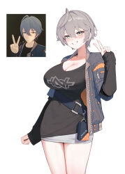 1girl absurdres blush breasts cleavage game_screenshot_inset genderswap genderswap_(ftm) grey_hair hair_between_eyes highres inset ohoo_7am open_mouth reference_inset screenshot_inset short_hair simple_background smile white_background wise_(zenless_zone_zero) zenless_zone_zero