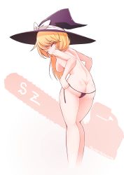 Rule 34 | 1girl, absurdres, artist name, ass, blonde hair, blush stickers, bow, braid, breasts, chainsaw, character name, commentary, cookie (touhou), dressing, closed eyes, from behind, hat, highres, kirisame marisa, long hair, looking back, master nabesama, panties, side-tie panties, simple background, single braid, solo, suzu (cookie), thong, topless, touhou, underwear, underwear only, witch hat