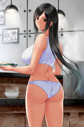 Rule 34 | 1girl, ass, back, bare arms, black hair, breasts, brown eyes, butt crack, cooking, counter, cowboy shot, day, eyelashes, final fantasy, final fantasy vii, fingernails, food, fried rice, from behind, highres, holding, holding plate, indoors, kitchen, lamp, large breasts, long fingernails, long hair, looking at viewer, looking back, original, panties, parted lips, picture frame, plate, rice, sidelocks, smile, solo, sports bra, standing, steam, stove, switch01, teeth, thighs, tifa lockhart, twisted neck, underwear, underwear only, wall, white panties