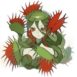Rule 34 | 1girl, alraune, breasts, carnivorous plant, cleavage cutout, closed mouth, clothing cutout, colored sclera, colored skin, dress, green dress, green sclera, grey skin, highres, large breasts, looking at viewer, monster girl, original, plant girl, red eyes, ruteko (ruko220), simple background, solo, strapless, strapless dress, tentacle hair, upper body, white background