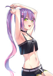 Rule 34 | 1girl, :d, armpits, arms behind head, arms up, bare arms, bare shoulders, belt, black choker, black shirt, black shorts, breasts, choker, crop top, crop top overhang, fang, green eyes, groin, hair ornament, hair tie, hairclip, highres, hololive, long hair, looking at viewer, midriff, mr.lime, multicolored hair, nail polish, navel, navel piercing, open mouth, piercing, ponytail, purple hair, shirt, short shorts, shorts, simple background, sitting, sleeveless, sleeveless shirt, small breasts, smile, solo, stomach, tokoyami towa, two-tone hair, virtual youtuber, white background