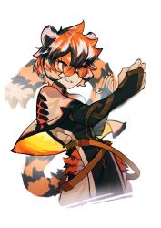 Rule 34 | 1girl, animal ears, arknights, capelet, cropped legs, fighting stance, furry, glasses, grin, highres, multicolored hair, smile, star (12884324), sunglasses, tail, tiger ears, tiger girl, tiger tail, tinted eyewear, waai fu (arknights), white background