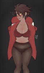 Rule 34 | 1girl, black background, blush, bra, breasts, brown hair, candela (pokemon), cleavage, coat, cowboy shot, creatures (company), curvy, dark-skinned female, dark skin, flipped hair, game freak, gloves, grey background, heart, highres, large breasts, lips, midriff, nintendo, open clothes, open coat, panties, panties under pantyhose, pantyhose, pokemon, pokemon go, red bra, red gloves, see-through, see-through legwear, short hair, solo, spiked hair, stomach, tabletorgy, thick thighs, thighs, underwear, undressing, yellow eyes