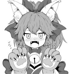 Rule 34 | 1girl, ^^^, animal ear fluff, animal ears, animal hands, bell, blush, bow, breasts, claws, cleavage, collar, eyebrows hidden by hair, fangs, fate/grand order, fate (series), fox ears, fox girl, greyscale, hair between eyes, hair bow, hair ribbon, highres, kusama takato, long hair, looking at viewer, monochrome, neck bell, open mouth, ponytail, ribbon, shy, sidelocks, solo, tamamo (fate), tamamo cat (fate), tamamo cat (first ascension) (fate)