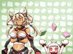 Rule 34 | 10s, 2girls, abyssal ship, ahoge, arms up, breasts, budget sarashi, cape, clearfile, colored skin, covered mouth, crossed arms, dark-skinned female, dark skin, dress, headgear, hishimochi, horns, kantai collection, large breasts, long hair, looking at viewer, mittens, multiple girls, musashi (kancolle), navel, northern ocean princess, pointy hair, red eyes, sarashi, two side up, white dress, white hair, white skin