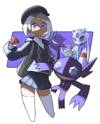 Rule 34 | 1girl, bag, black headwear, creatures (company), cropped legs, froslass, game freak, gen 1 pokemon, gen 3 pokemon, gen 4 pokemon, gen 8 pokemon, gengar, gloria (pokemon), gloves, hat, highres, holding, holding poke ball, long sleeves, looking at viewer, nintendo, pleated skirt, poke ball, poke ball (basic), pokemon, pokemon (creature), pokemon swsh, polteageist, purple eyes, sableye, shirt, short hair, simple background, skirt, smile, thighhighs, toxic ghost, white gloves, white hair, white shirt, white thighhighs